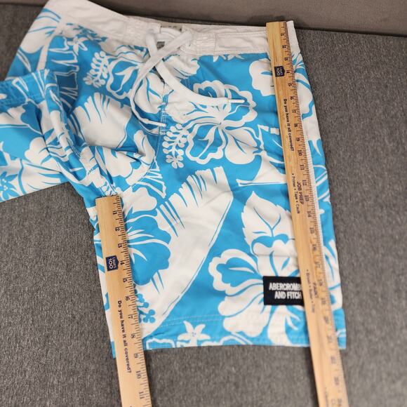 Abercrombie Fitch Board Short sz L Men Hawaiian Hibiscus Tropical Blue White 21" - Picture 8 of 12